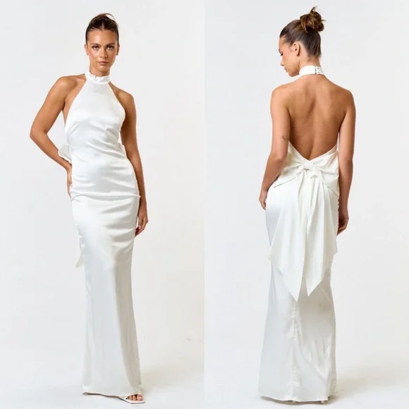 Dresses Preorder There She Goes White Satin Bow Maxi Dress